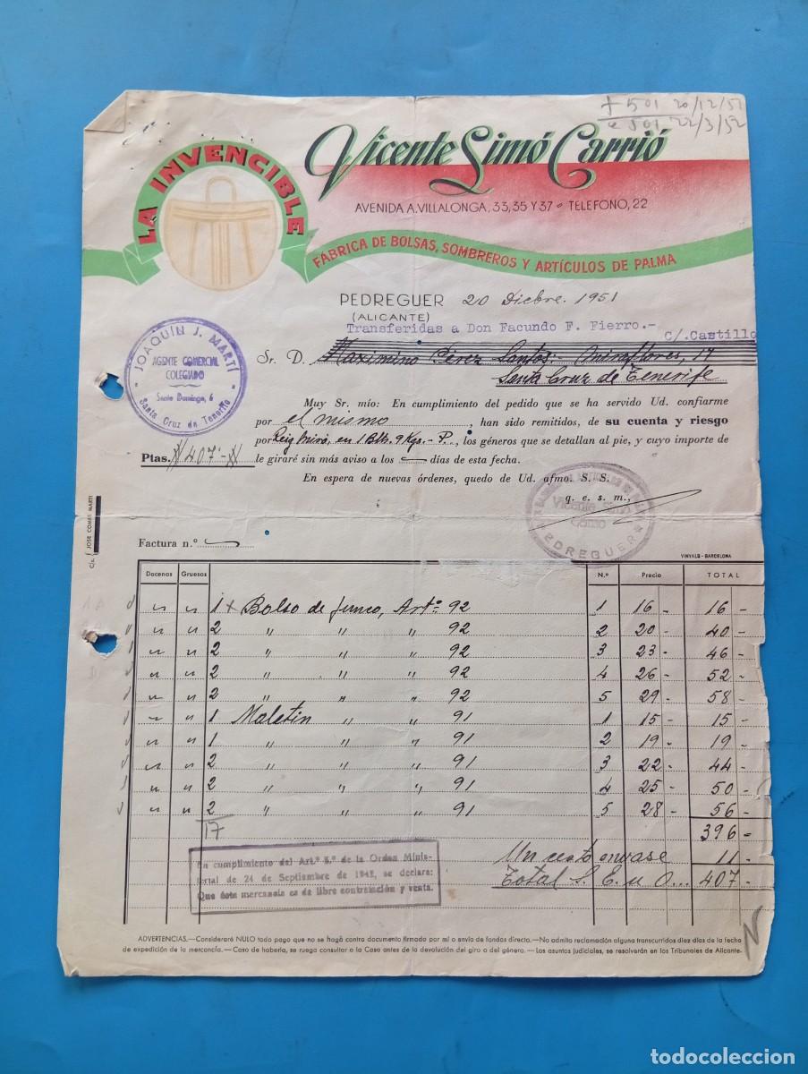 Facturas antiguas: FACTURA. PEDREGUER, ALICANTE. 1951. LA INVENCIBLE. FABRICA DE BOLSAS-SOMBREROS. VICENTE SIM&Oacute; CARRI&Oacute;.