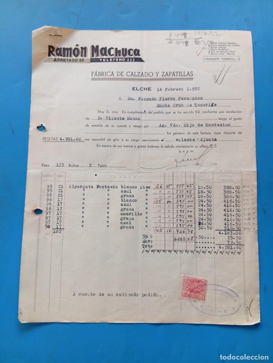 Facturas antiguas: FACTURA. ELCHE, ALICANTE. 1952. FABRICA DE CALZADO Y ZAPATILLAS. RAMON MACHUCA.