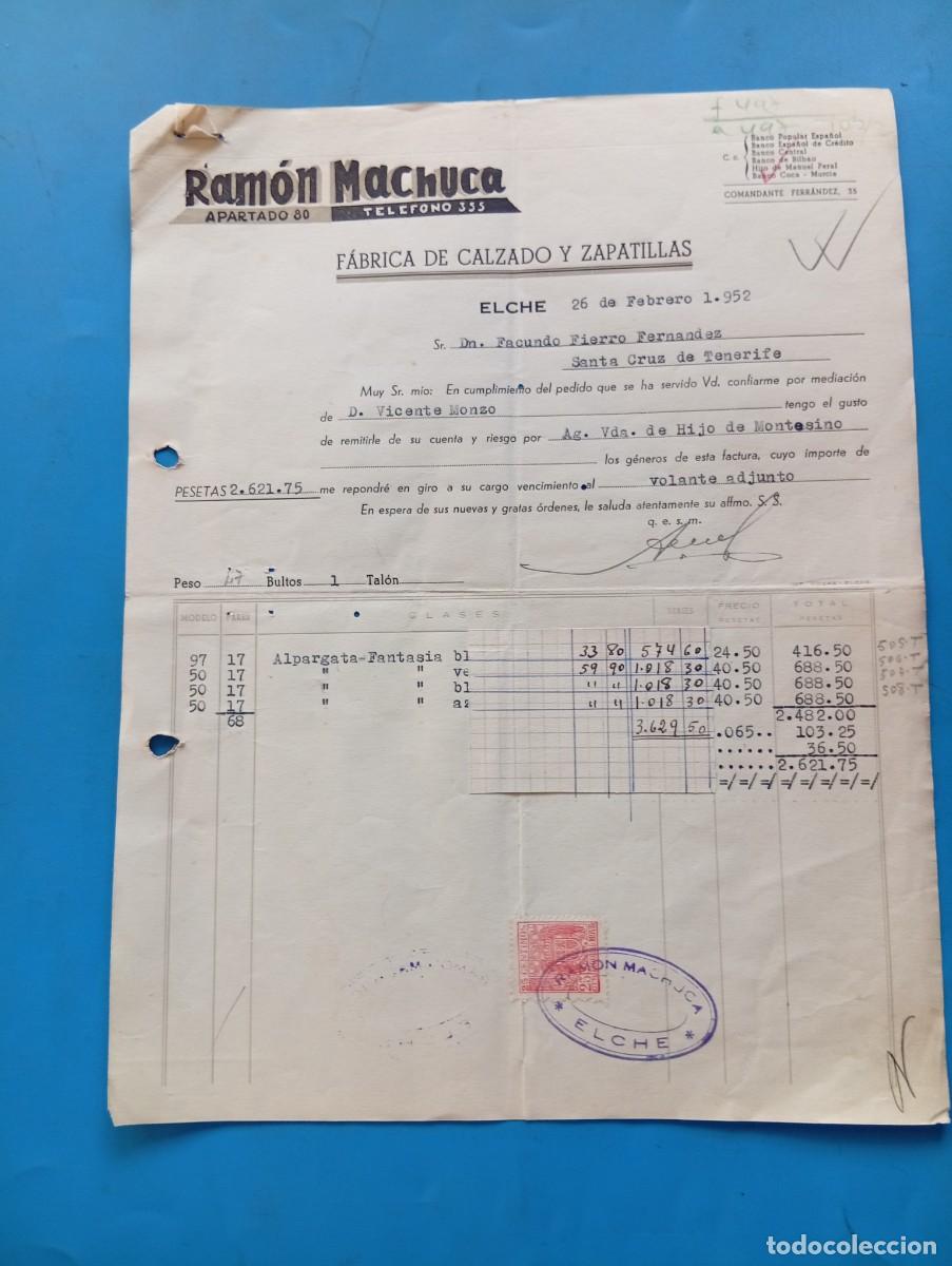 Facturas antiguas: FACTURA. ELCHE, ALICANTE. 1952. FABRICA DE CALZADO Y ZAPATILLAS. RAMON MACHUCA.