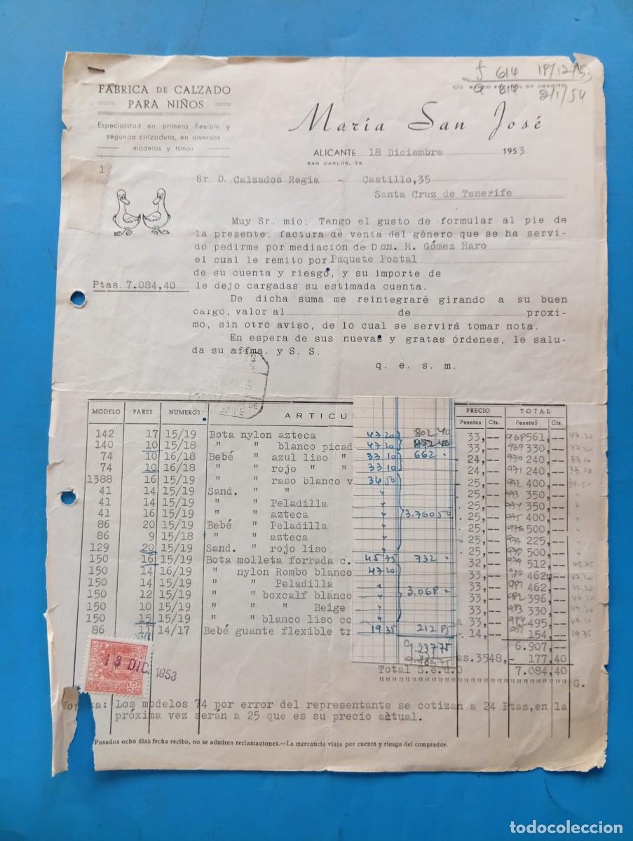 Facturas antiguas: FACTURA. ALICANTE. 1953. FABRICA DE CALZADO PARA NI&Ntilde;OS. MARIA SAN JOSE.