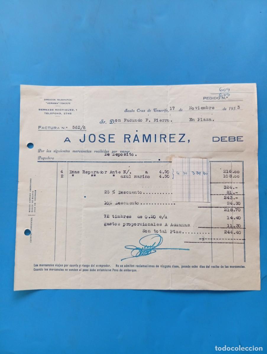 Facturas antiguas: FACTURA. SANTA CRUZ DE TENERIFE. 1953. JOSE RAMIREZ.