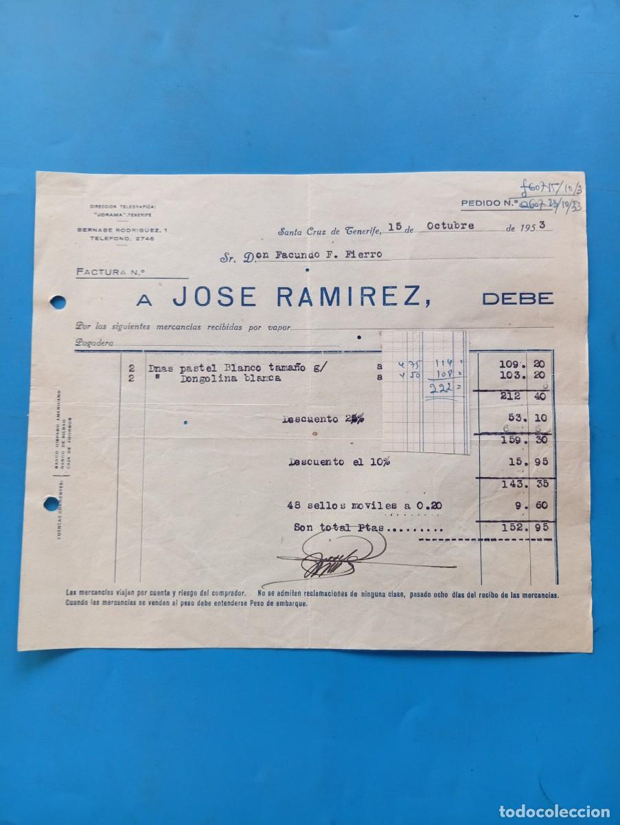 Facturas antiguas: FACTURA. SANTA CRUZ DE TENERIFE. 1953. JOSE RAMIREZ.