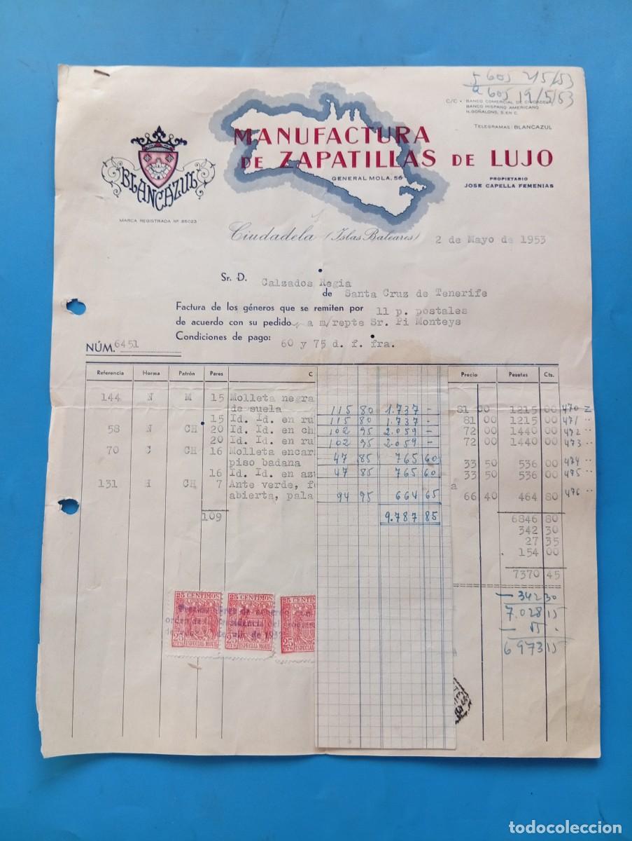 Facturas antiguas: FACTURA. CIUDADELA DE MENORCA. 1953. MANUFACTURA DE ZAPATILLAS DE LUJO. JOSE CAPELLA FEMENIAS.