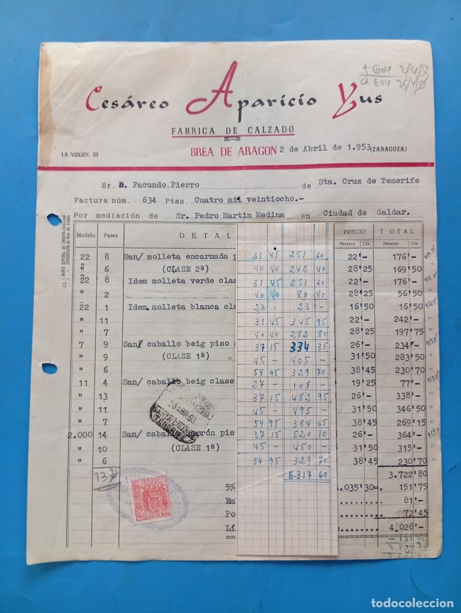 Facturas antiguas: FACTURA. BREA DE ARAGON, ZARAGOZA. 1953. FABRICA DE CALZADO. CESAREO APARICIO YUS.