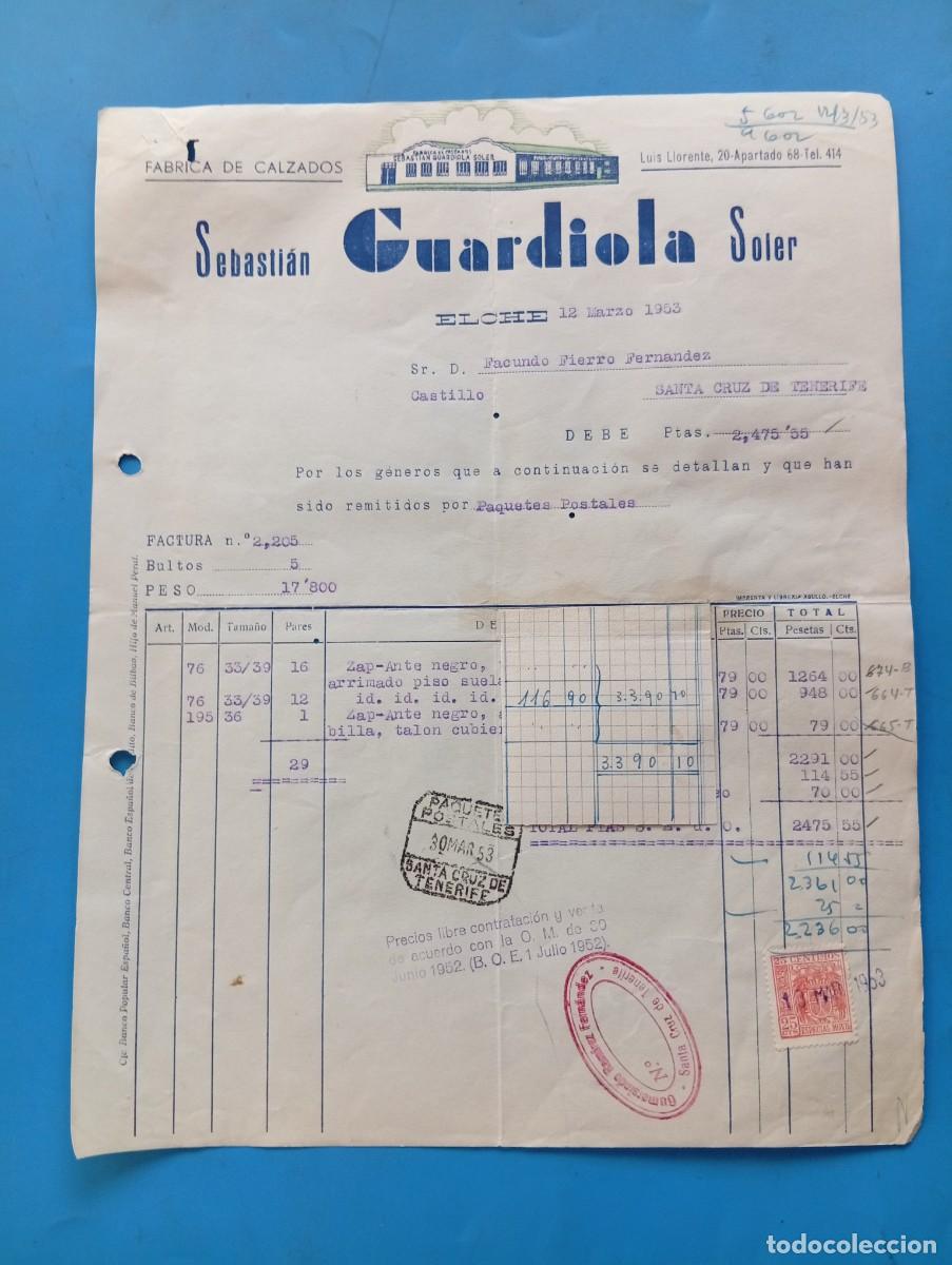 Facturas antiguas: FACTURA. ELCHE, ALICANTE. 1953. FABRICA DE CALZADOS. SEBASTIAN GUARDIOLA SOLER.