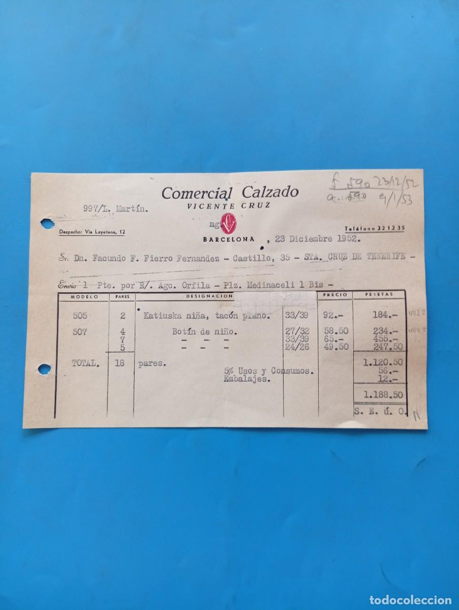 Facturas antiguas: FACTURA. BARCELONA. 1952. COMERCIAL CALZADO. VICENTE CRUZ.