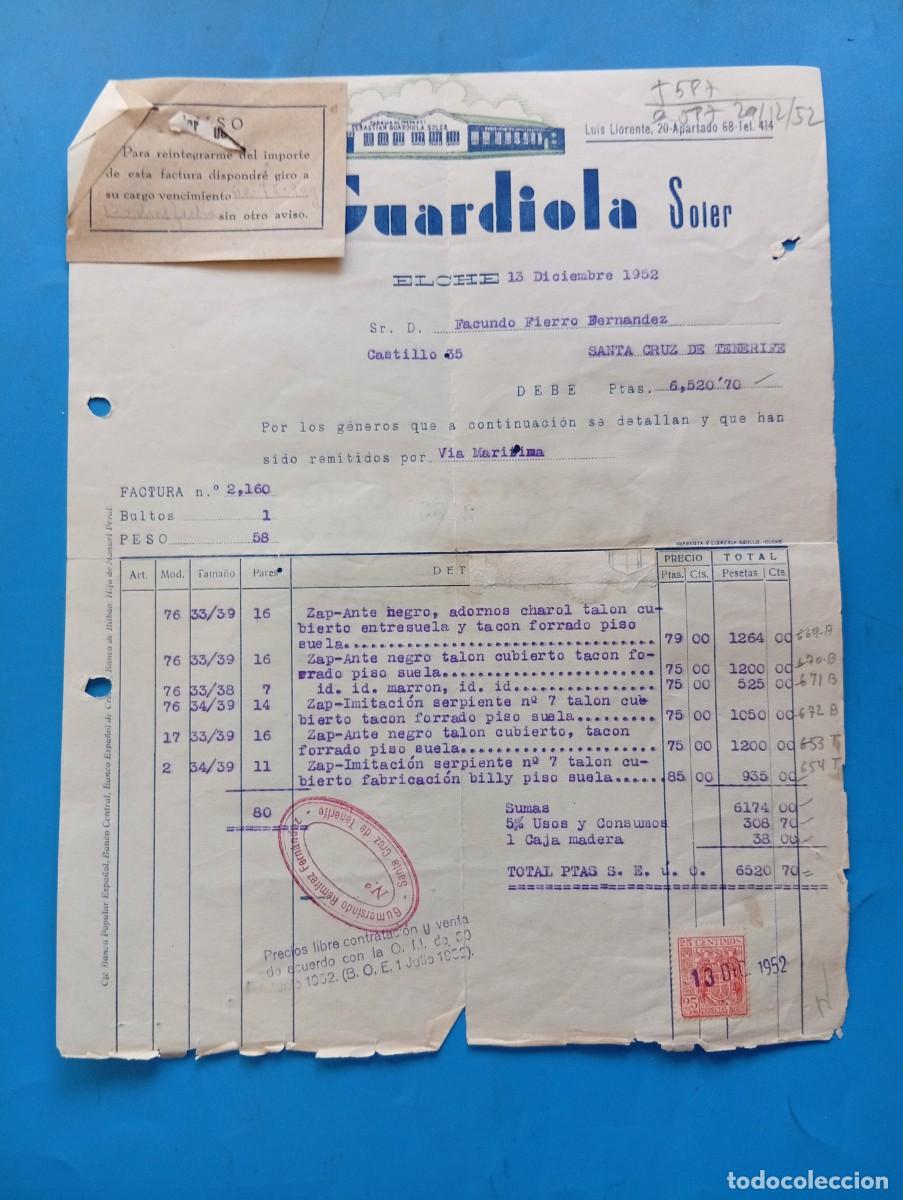 Facturas antiguas: FACTURA. ELCHE, ALICANTE. 1952. FABRICA DE CALZADOS. SEBASTIAN GUARDIOLA SOLER.