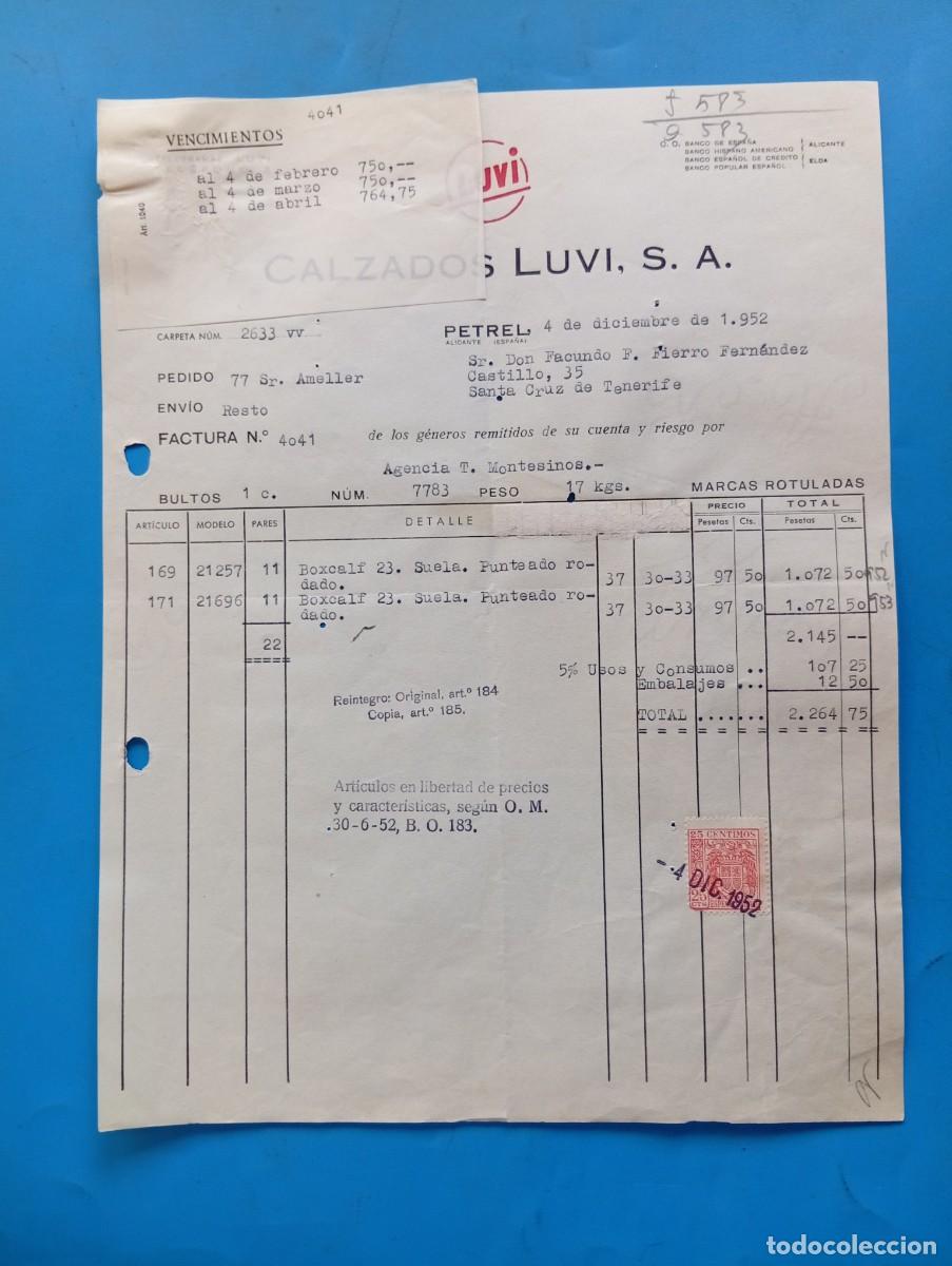 Facturas antiguas: FACTURA. PETREL, ALICANTE. 1952. LUVI. CALZADOS LUVI, S. A.