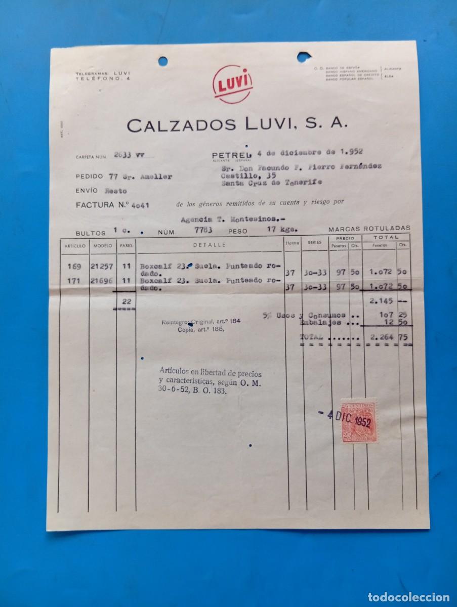 Facturas antiguas: FACTURA. PETREL, ALICANTE. 1952. LUVI. CALZADOS LUVI, S. A.