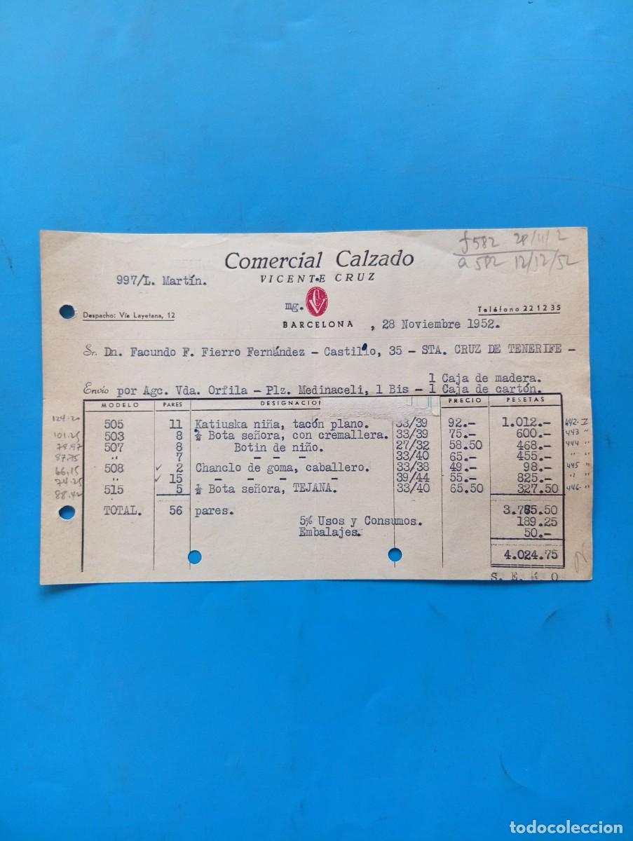Facturas antiguas: FACTURA. BARCELONA. 1952. COMERCIAL CALZADO. VICENTE CRUZ.