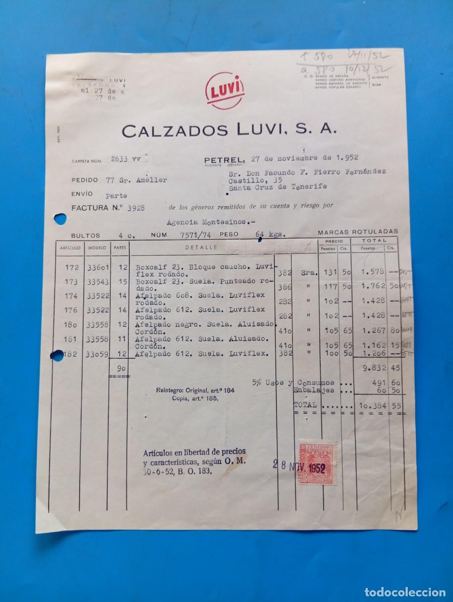 Facturas antiguas: FACTURA. PETREL, ALICANTE. 1952. LUVI. CALZADOS LUVI, S. A.