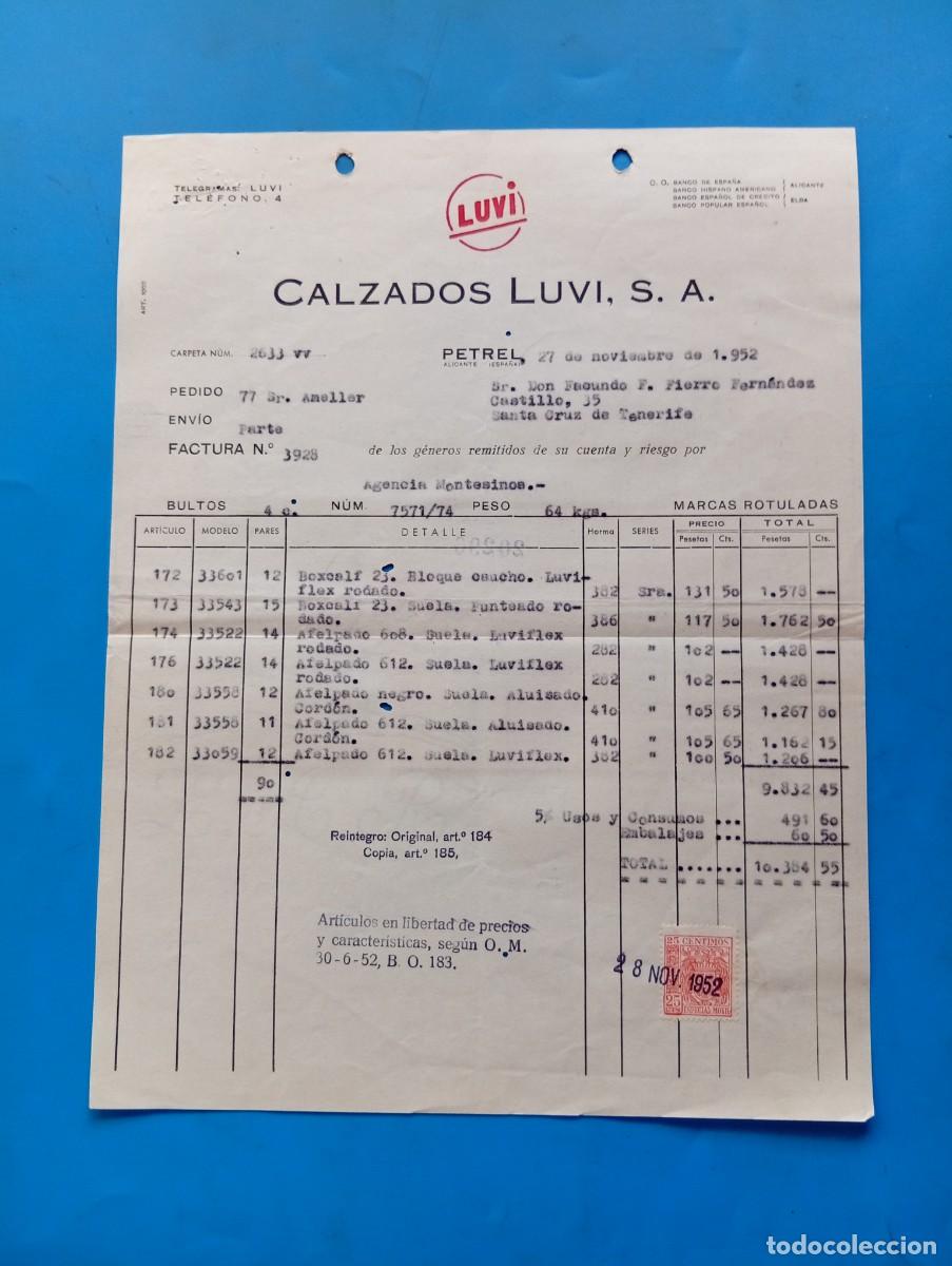 Facturas antiguas: FACTURA. PETREL, ALICANTE. 1952. LUVI. CALZADOS LUVI, S. A.