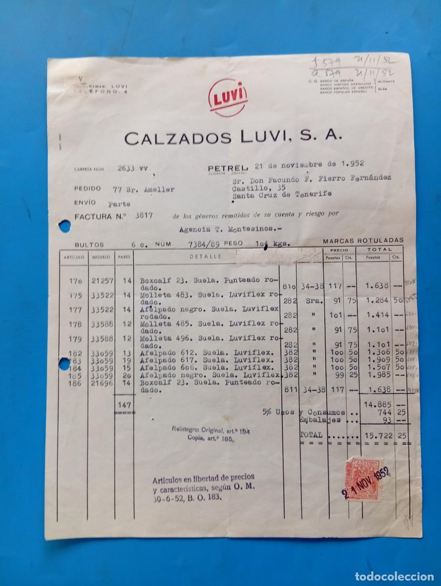 Facturas antiguas: FACTURA. PETREL, ALICANTE. 1952. LUVI. CALZADOS LUVI, S. A.