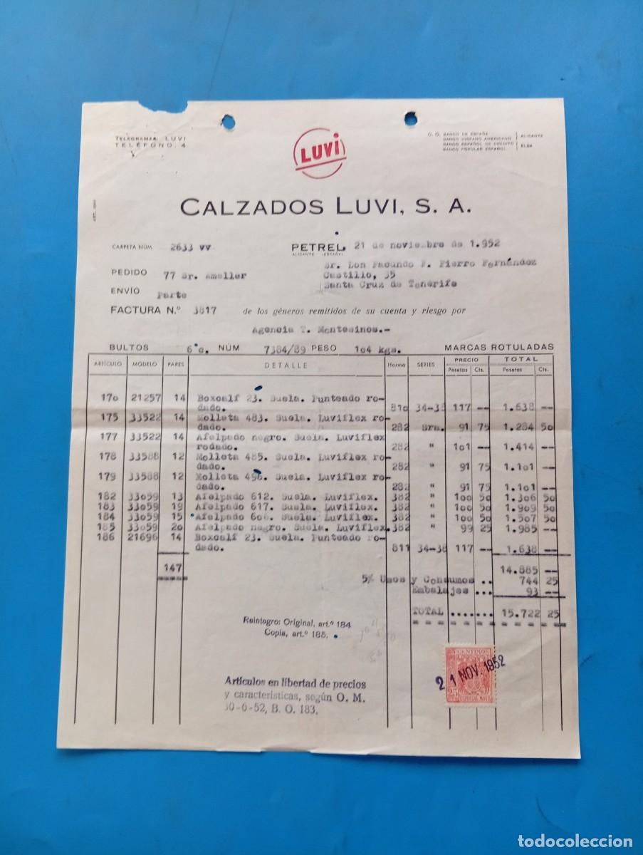 Facturas antiguas: FACTURA. PETREL, ALICANTE. 1952. LUVI. CALZADOS LUVI, S. A.