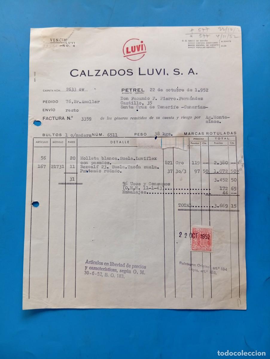 Facturas antiguas: FACTURA. PETREL, ALICANTE. 1952. LUVI. CALZADOS LUVI, S. A.