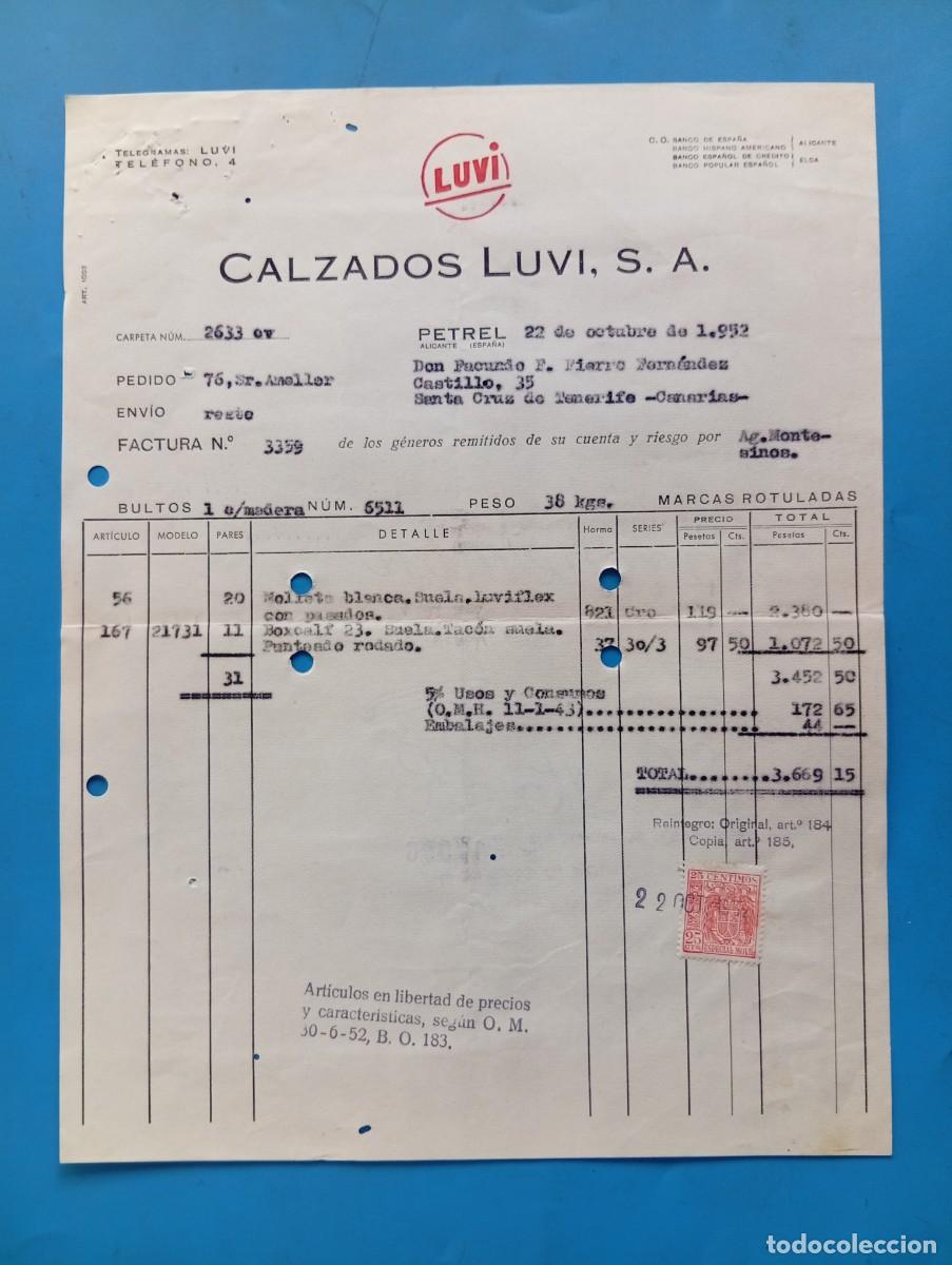 Facturas antiguas: FACTURA. PETREL, ALICANTE. 1952. LUVI. CALZADOS LUVI, S. A.