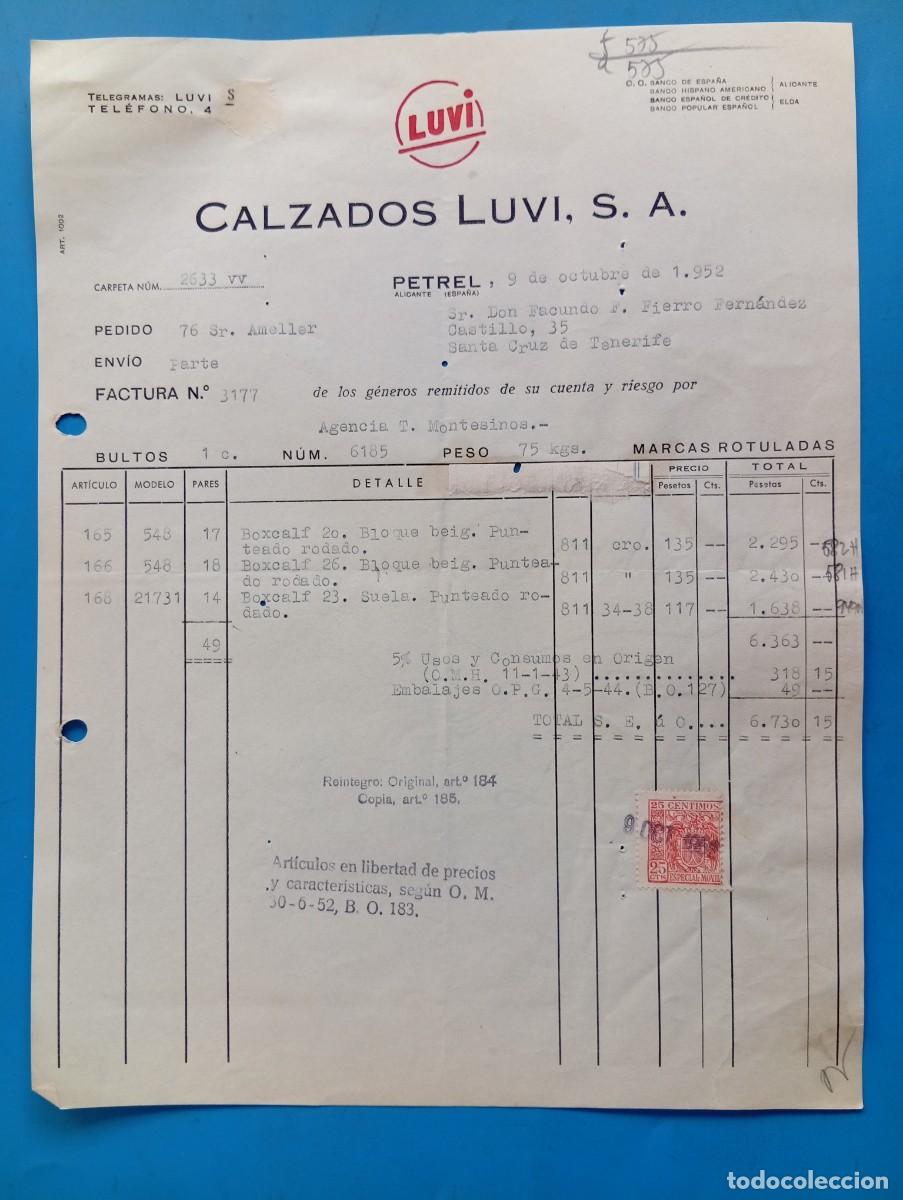 Facturas antiguas: FACTURA. PETREL, ALICANTE. 1952. LUVI. CALZADOS LUVI, S. A.