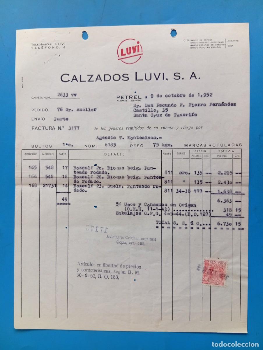 Facturas antiguas: FACTURA. PETREL, ALICANTE. 1952. LUVI. CALZADOS LUVI, S. A.