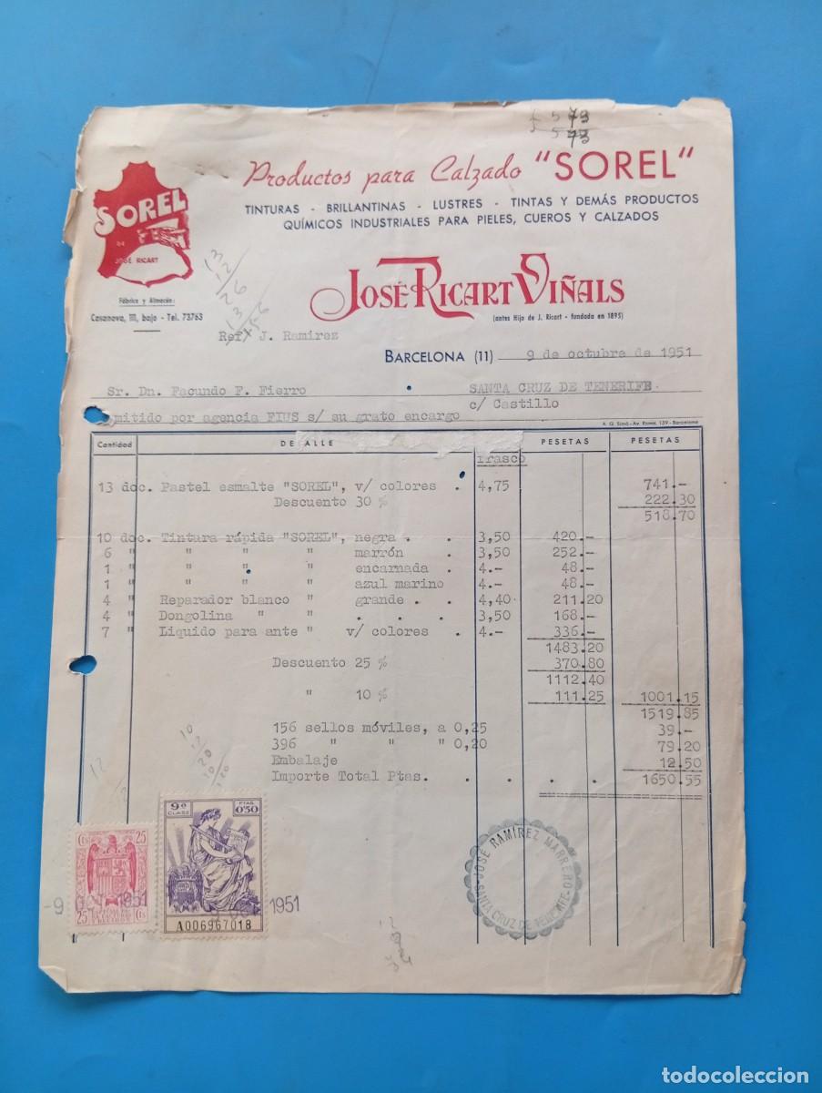 Facturas antiguas: FACTURA. BARCELONA. 1951. PRODUCTOS PARA CALAZADO &rdquo;SOREL TINTURAS-BRILLANTINAS. JOSE RICART VI&Ntilde;ALS.