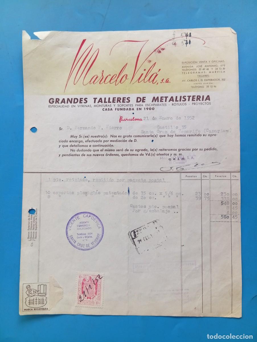 Facturas antiguas: FACTURA. BARCELONA. 1952. GRANDES TALLERES DE METALISTERIA. MARCELO VILA, S.A.