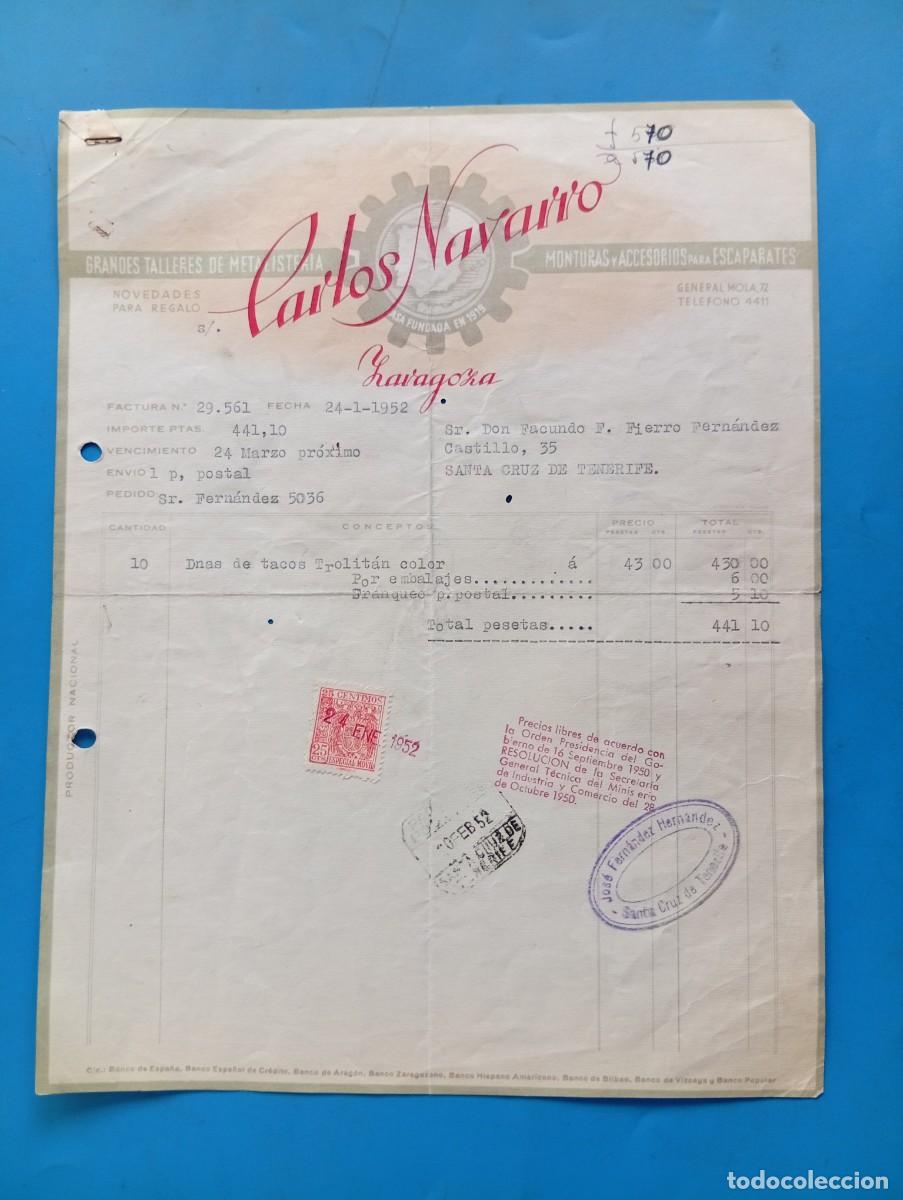 Facturas antiguas: FACTURA. ZARAGOZA. 1952. GRANDES TALLERES DE METALISTERIA. CARLOS NAVARRO.