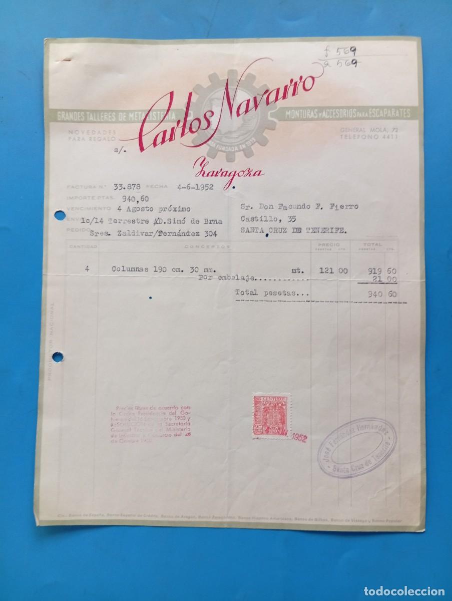 Facturas antiguas: FACTURA. ZARAGOZA. 1952. GRANDES TALLERES DE METALISTERIA. CARLOS NAVARRO.