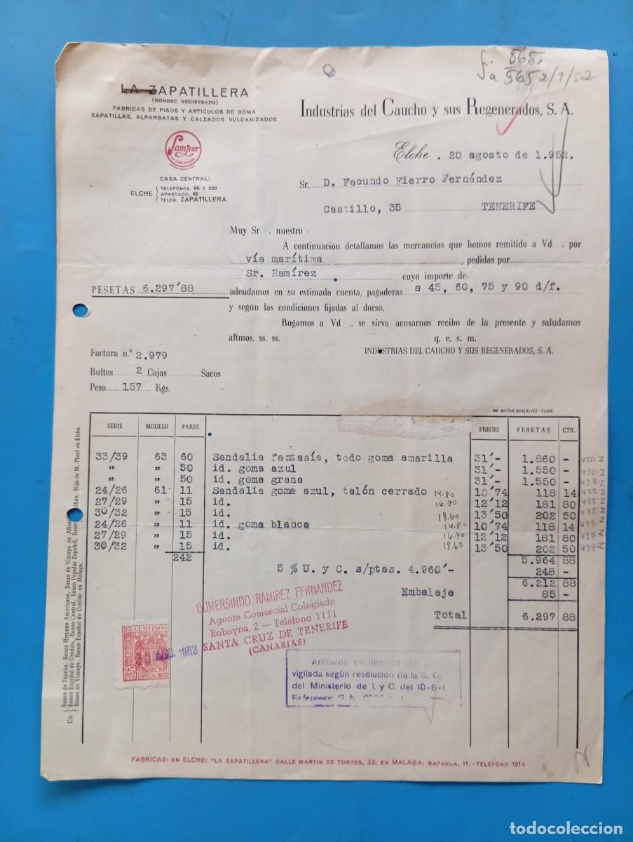 Facturas antiguas: FACTURA. ELCHE, ALICANTE. 1952. LA ZAPATILLERIA. SAMPER. INDUSTRIAS CAUCHO Y SUS REGENERADOS, S.A.