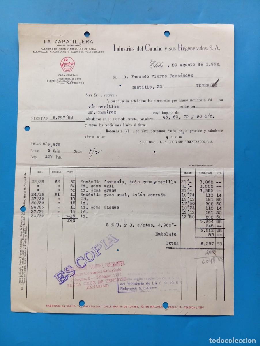 Facturas antiguas: FACTURA. ELCHE, ALICANTE. 1952. LA ZAPATILLERIA. SAMPER. INDUSTRIAS CAUCHO Y SUS REGENERADOS, S.A.