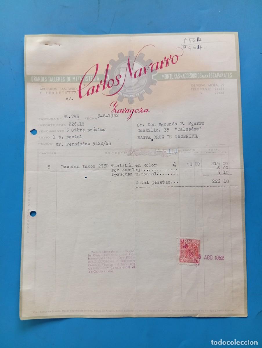 Facturas antiguas: FACTURA. ZARAGOZA. 1952. GRANDES TALLERES DE METALISTERIA. CARLOS NAVARRO.