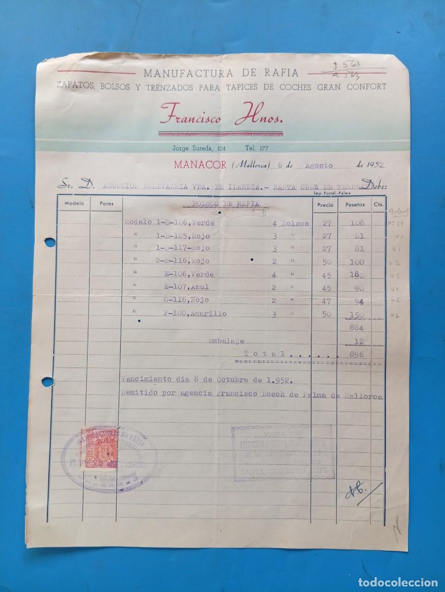 Facturas antiguas: FACTURA. MANACOR, MALLORCA. 1952. MANUFACTURA DE RAFIA. ZAPATOS-BOLSOS. FRANCISCO HNOS.