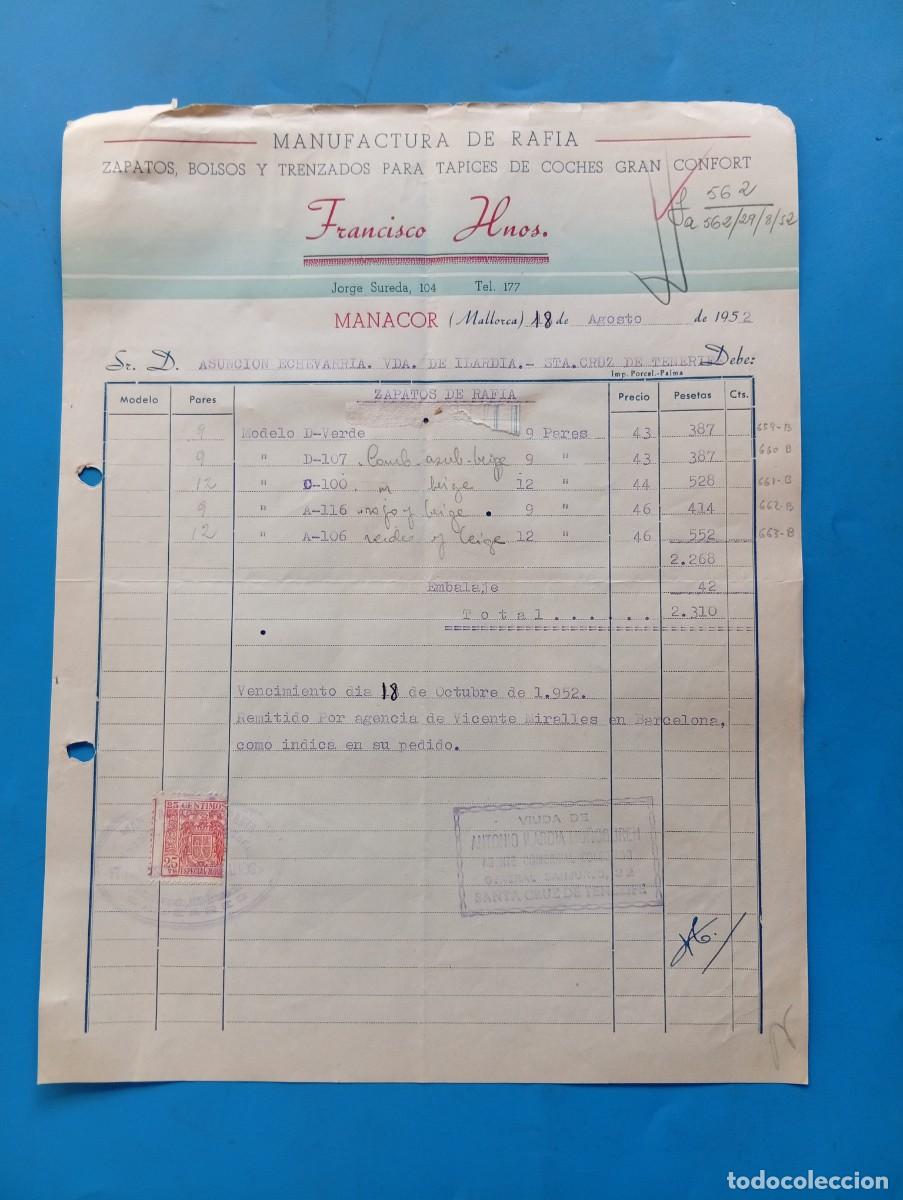 Facturas antiguas: FACTURA. MANACOR, MALLORCA. 1952. MANUFACTURA DE RAFIA. ZAPATOS-BOLSOS. FRANCISCO HNOS.