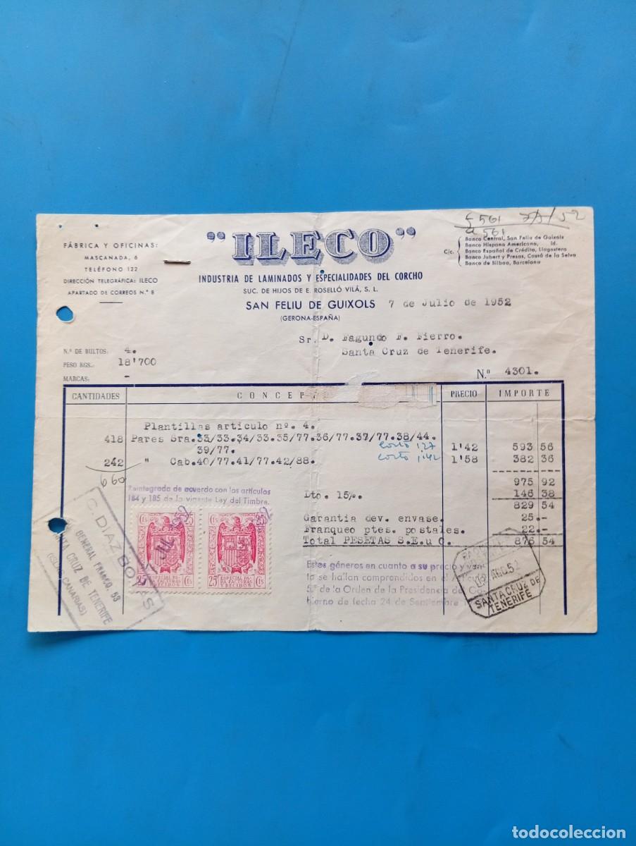 Facturas antiguas: FACTURA. SAN FELIU DE GUIXOLS, GRONA. 1952. ILECO. INDUSTRIAS DE LAMINADOS Y ESPECIALIDADES CORCHO.