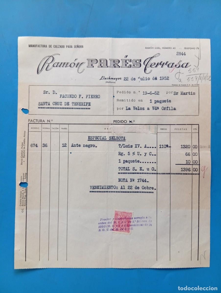 Facturas antiguas: FACTURA. LLUCHMAYOR, MALLORCA. 1952. MANUFACTURA DE CALZADO PARA SE&Ntilde;ORA. RAMON PAR&Eacute;S TERRASA.