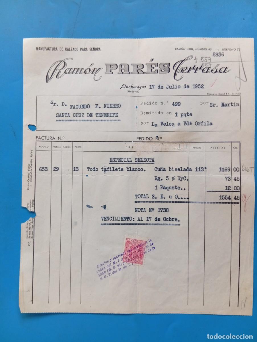 Facturas antiguas: FACTURA. LLUCHMAYOR, MALLORCA. 1952. MANUFACTURA DE CALZADO PARA SE&Ntilde;ORA. RAMON PAR&Eacute;S TERRASA.