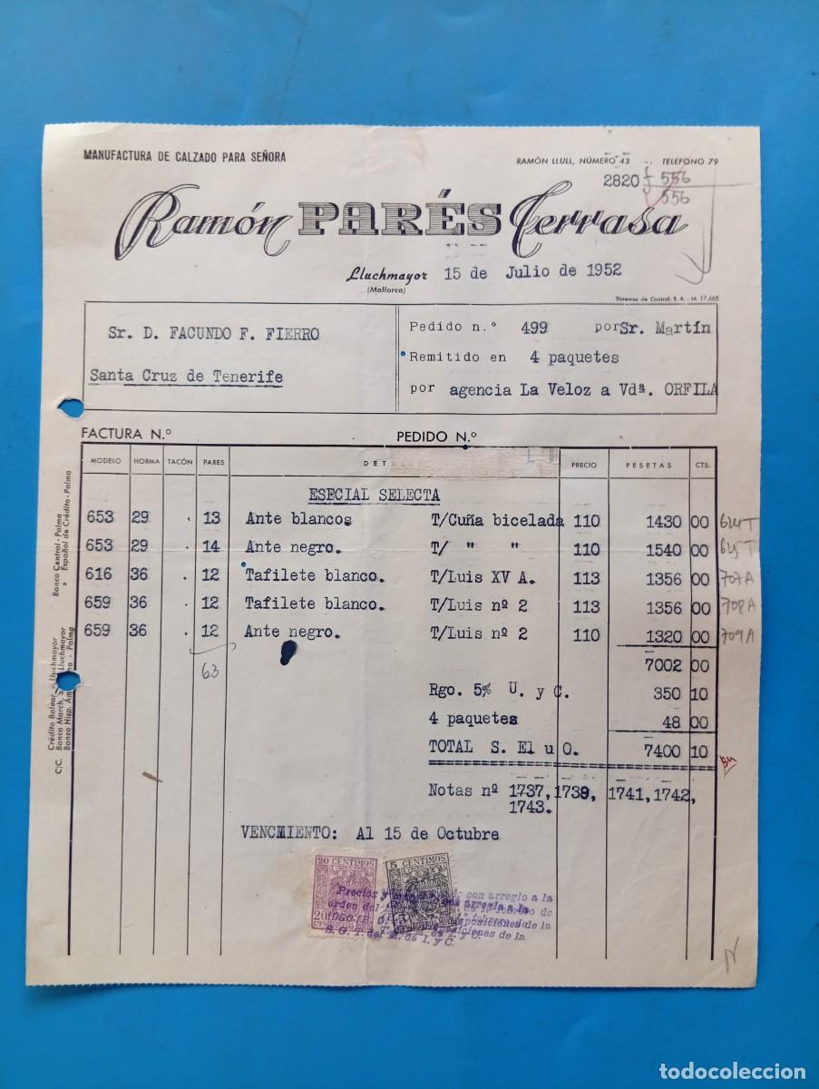 Facturas antiguas: FACTURA. LLUCHMAYOR, MALLORCA. 1952. MANUFACTURA DE CALZADO PARA SE&Ntilde;ORA. RAMON PAR&Eacute;S TERRASA.