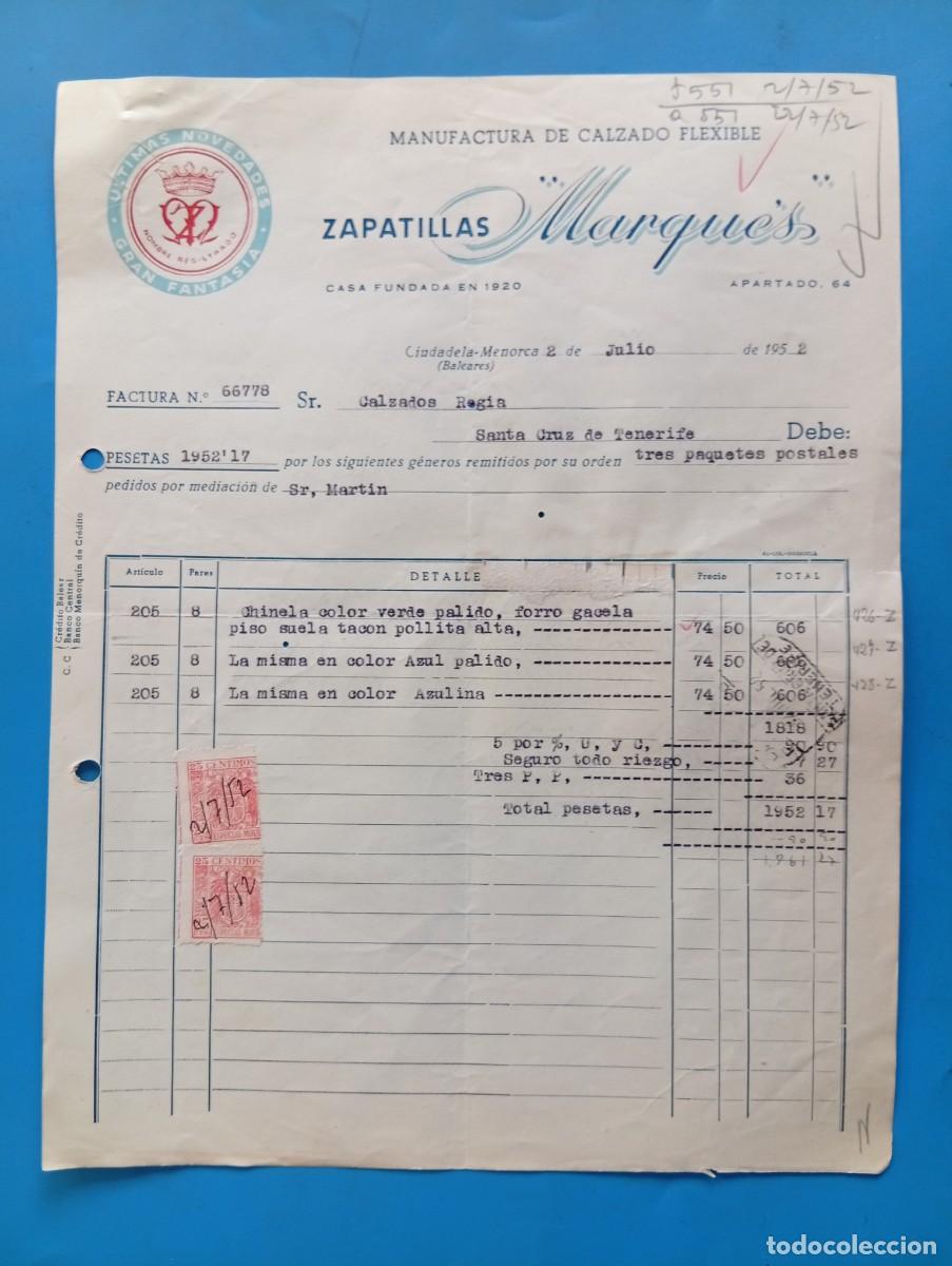 Facturas antiguas: FACTURA. CIUDADELA DE MENORCA. 1952. MANUFACTURA DE CALZADO FLEXIBLE. ZAPATILLAS &rdquo;MARQUES&rdquo;.
