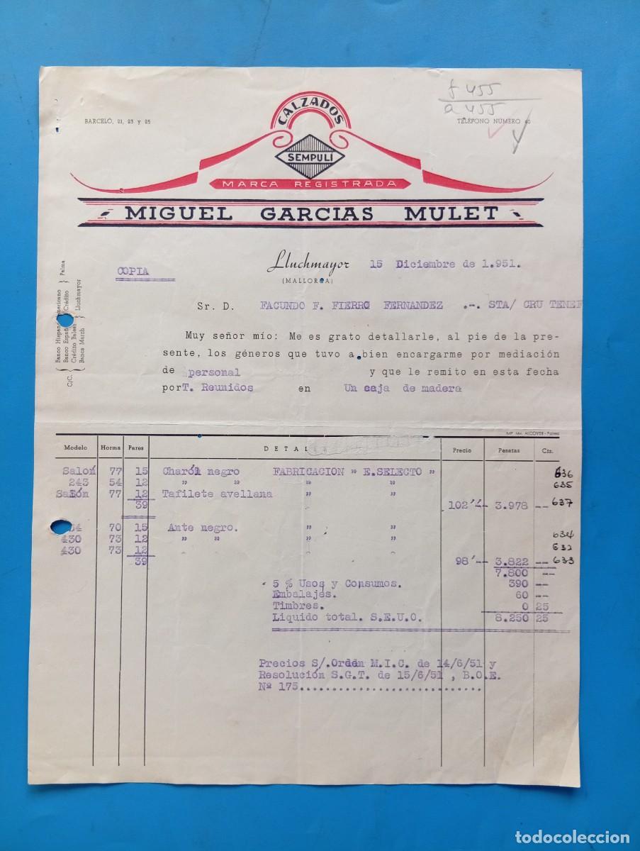 Facturas antiguas: FACTURA. LLUCHMAYOR, MALLORCA. 1951. CALZADOS SEMPULI. MIGUEL GARCIAS MULET.