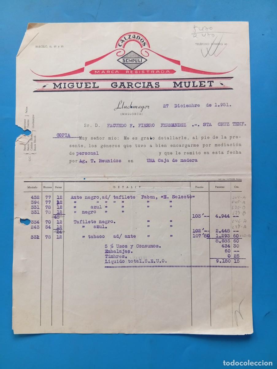 Facturas antiguas: FACTURA. LLUCHMAYOR, MALLORCA. 1951. CALZADOS SEMPULI. MIGUEL GARCIAS MULET.