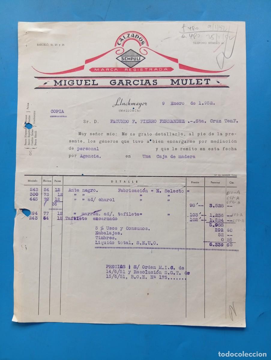 Facturas antiguas: FACTURA. LLUCHMAYOR, MALLORCA. 1952. CALZADOS SEMPULI. MIGUEL GARCIAS MULET.