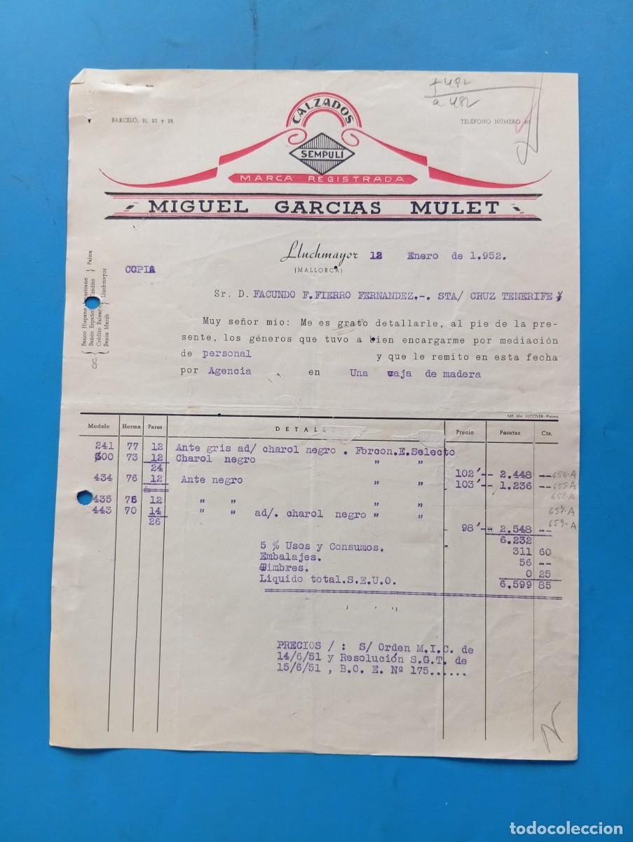 Facturas antiguas: FACTURA. LLUCHMAYOR, MALLORCA. 1952. CALZADOS SEMPULI. MIGUEL GARCIAS MULET.