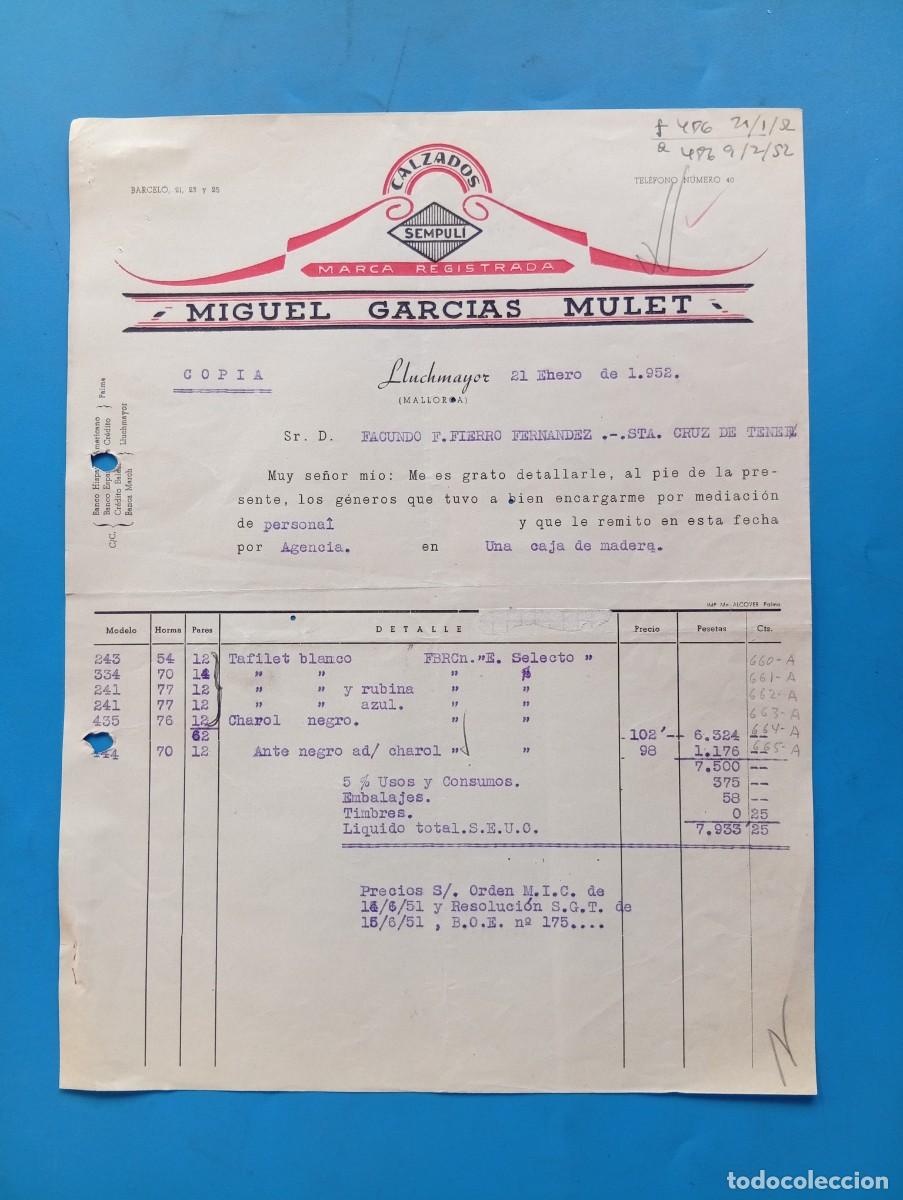 Facturas antiguas: FACTURA. LLUCHMAYOR, MALLORCA. 1952. CALZADOS SEMPULI. MIGUEL GARCIAS MULET.
