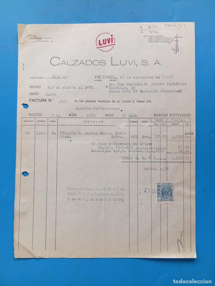 Facturas antiguas: FACTURA. PETREL, ALICANTE. 1951. LUVI. CALZADOS LUVI, S. A.