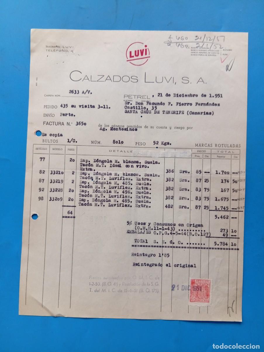 Facturas antiguas: FACTURA. PETREL, ALICANTE. 1951. LUVI. CALZADOS LUVI, S. A.