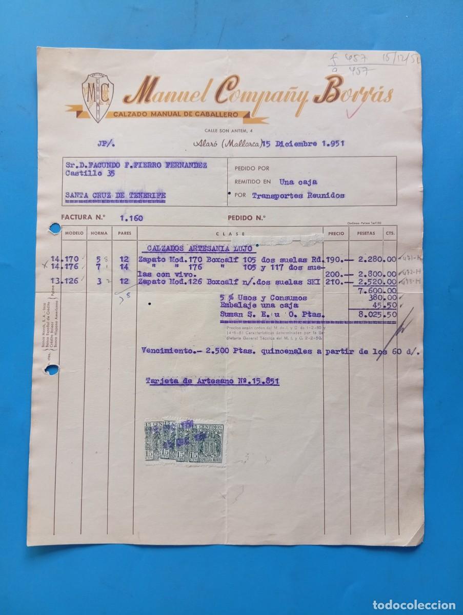 Facturas antiguas: FACTURA. ALAR&Oacute;, MALLORCA. 1951. CALZADO MANUAL DE CABALLERO. MANUEL COMPA&Ntilde;Y BORR&Aacute;S.