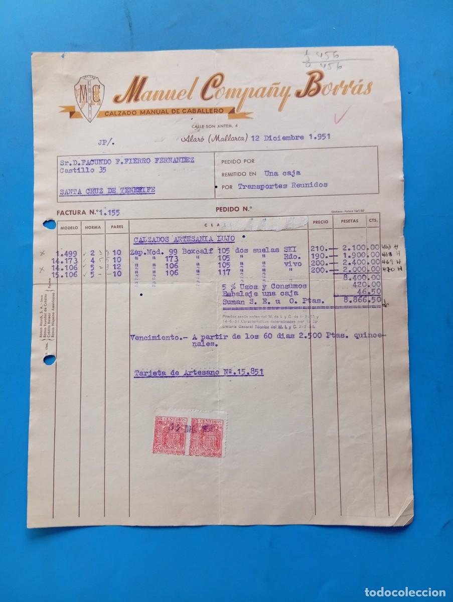 Facturas antiguas: FACTURA. ALAR&Oacute;, MALLORCA. 1951. CALZADO MANUAL DE CABALLERO. MANUEL COMPA&Ntilde;Y BORR&Aacute;S.