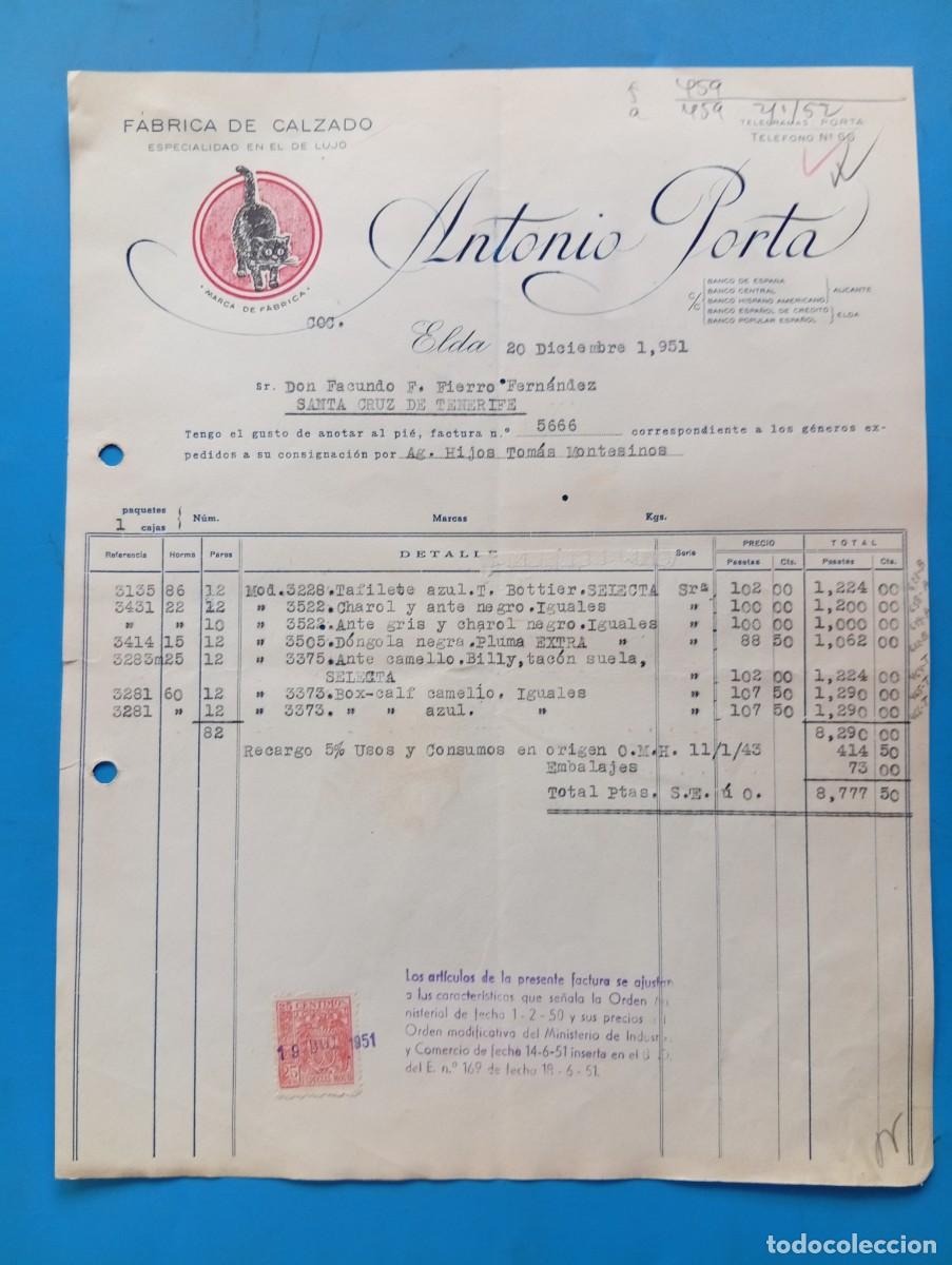 Facturas antiguas: FACTURA. ELDA, ALICANTE. 1951. FABRICA DE CALZADO. ANTONIO PORTA.