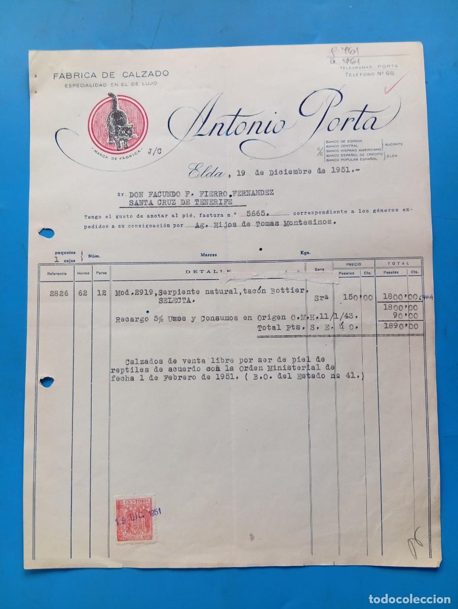 Facturas antiguas: FACTURA. ELDA, ALICANTE. 1951. FABRICA DE CALZADO. ANTONIO PORTA.