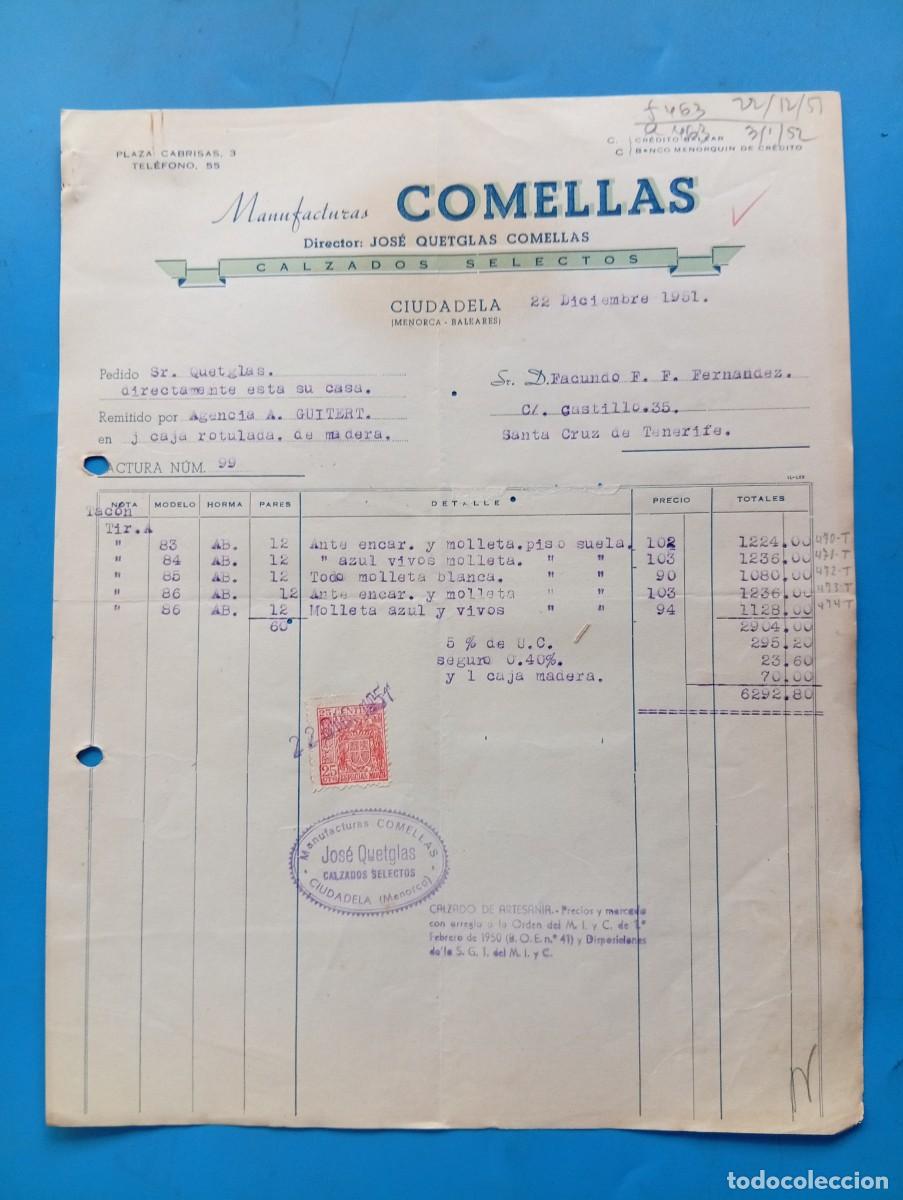 Facturas antiguas: FACTURA. CIUDADELA DE MENORCA. 1951. CALZADOS SELECTOS. MANUFACTURAS COMELLAS.JOSE QUETGLAS COMELLAS