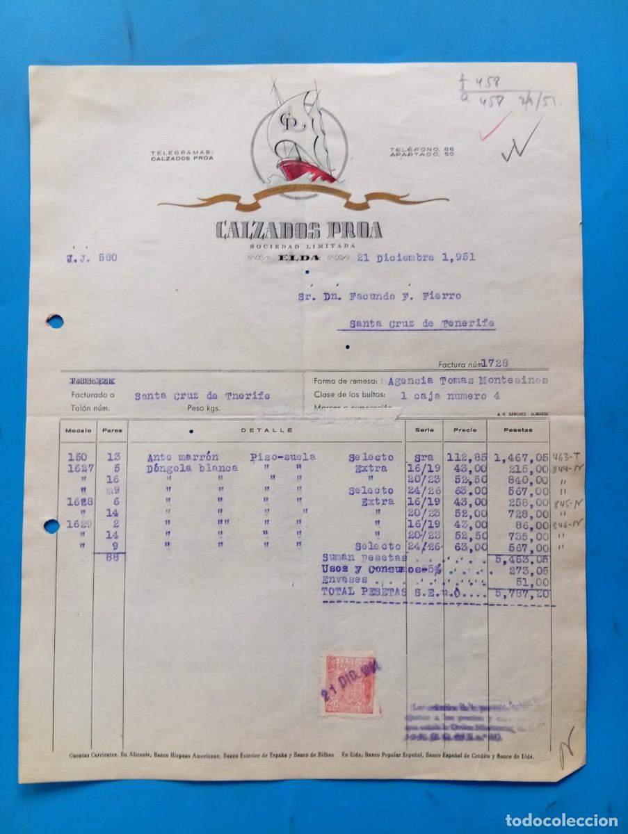 Facturas antiguas: FACTURA. ELDA, ALICANTE. 1951. CALZADOS PROA, S.L.