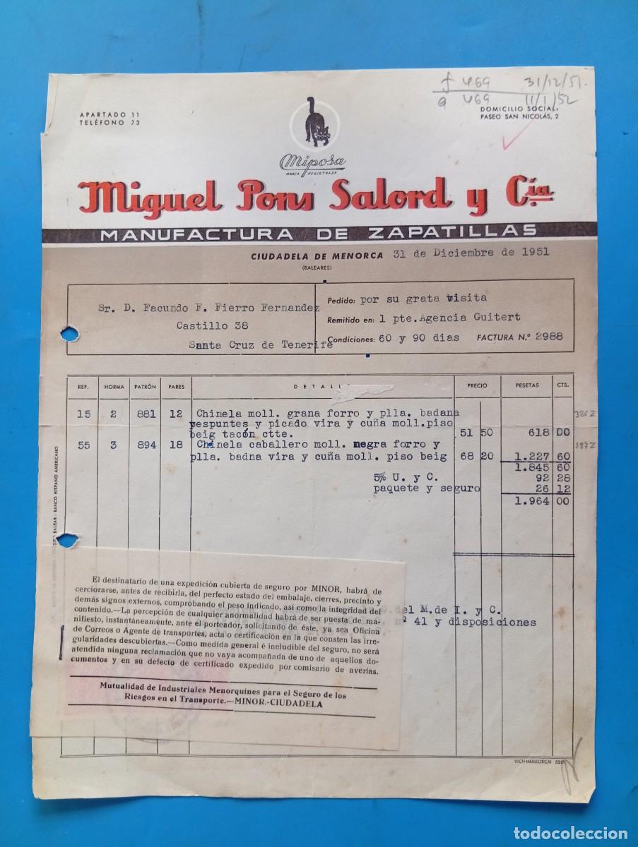 Facturas antiguas: FACTURA. CIUDADELA DE MENORCA. 1951. MANUFACTURA DE ZAPATILLAS. MIGUEL PONS SALORD Y C&ordf;.
